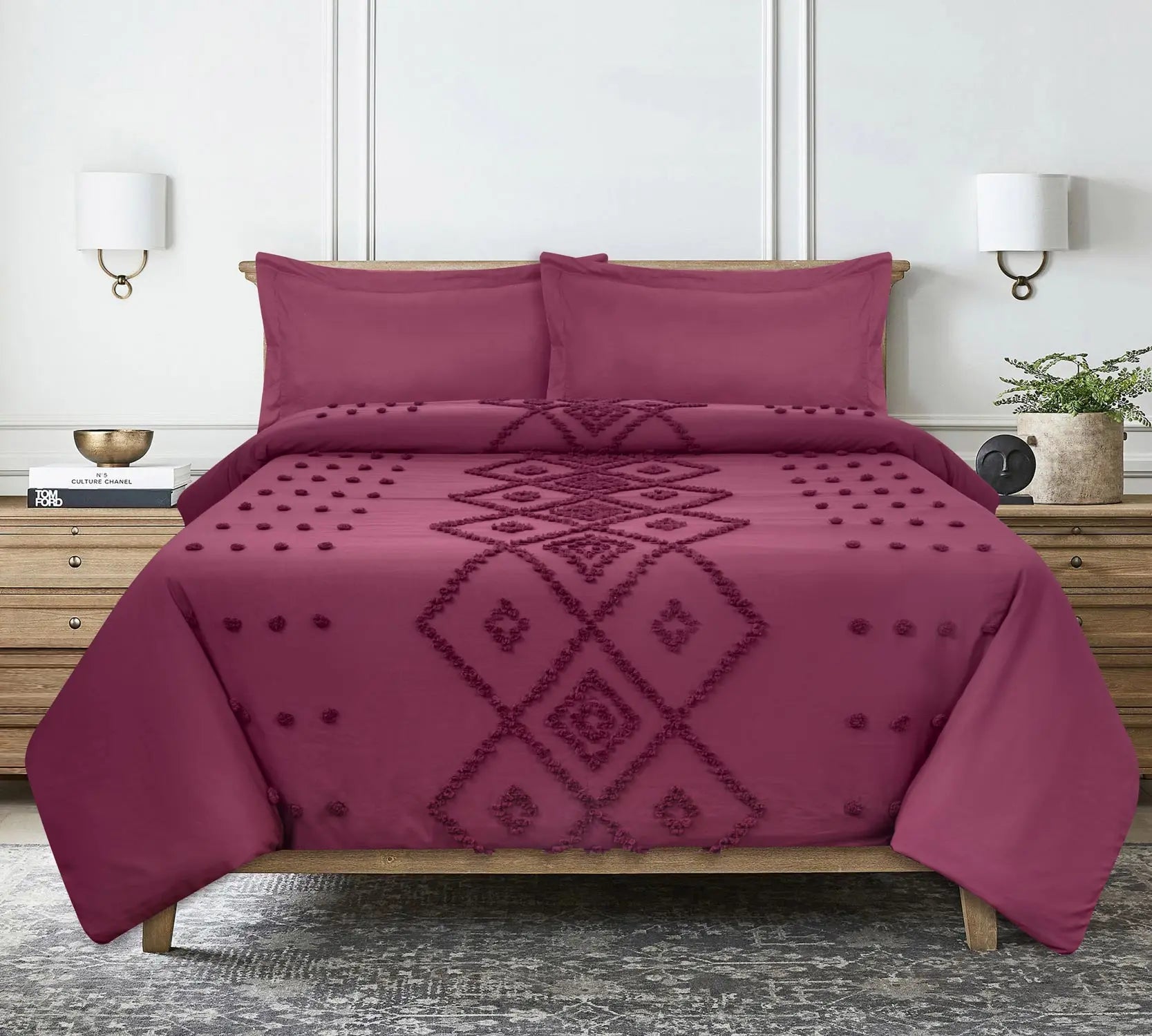 Maroon Ruby Tufted Quilt cover Set - Pure Cotton