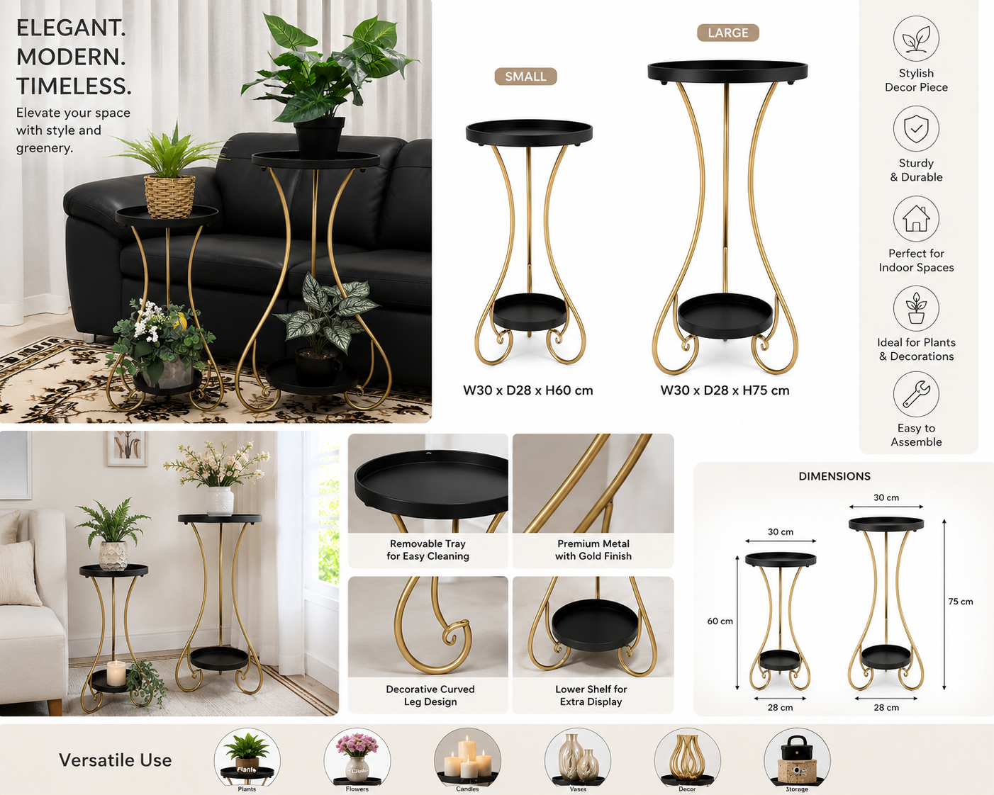 Black & Gold Two-Tier Metal Plant Stand | 60cm & 70cm